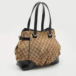 Pre Owned Gucci Black/Beige GG Canvas/Patent Leather Medium Full Moon Tote