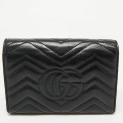 Pre Owned Gucci Black Matelassé Leather GG Marmont Wallet on Chain
