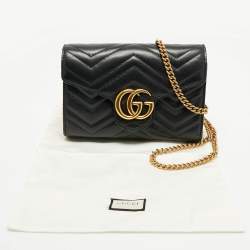Pre Owned Gucci Black Matelassé Leather GG Marmont Wallet on Chain