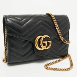 Pre Owned Gucci Black Matelassé Leather GG Marmont Wallet on Chain