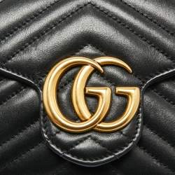 Pre Owned Gucci Black Matelassé Leather GG Marmont Wallet on Chain