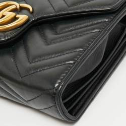 Pre Owned Gucci Black Matelassé Leather GG Marmont Wallet on Chain