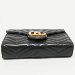 Pre Owned Gucci Black Matelassé Leather GG Marmont Wallet on Chain