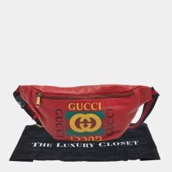 Pre Owned Gucci Red Leather Logo Web Belt Bag