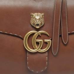 Pre Owned Gucci Brown Leather Medium GG Marmont Animalier Top Handle Bag