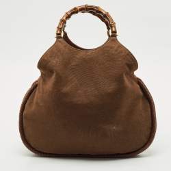 Pre Owned Gucci Brown Canvas Bamboo Handle Hobo