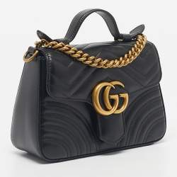 Pre Owned Gucci Black Matelassé Leather Mini GG Marmont Top Handle Bag