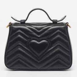 Pre Owned Gucci Black Matelassé Leather Mini GG Marmont Top Handle Bag