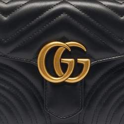 Pre Owned Gucci Black Matelassé Leather Mini GG Marmont Top Handle Bag
