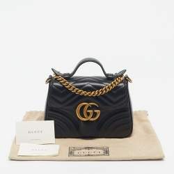 Pre Owned Gucci Black Matelassé Leather Mini GG Marmont Top Handle Bag