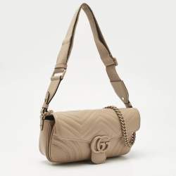 Pre Owned Gucci Beige Matelassé Leather Small GG Marmont Shoulder Bag