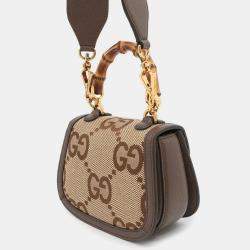 Pre Owned Gucci Bamboo 1947 Mini Beige Brown Jumbo GG Canvas Leather 2-Way Handbag