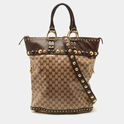 Pre Owned Gucci Beige/Brown GG Crystal Canvas and Leather Medium Babouska Studded Tote