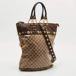 Pre Owned Gucci Beige/Brown GG Crystal Canvas and Leather Medium Babouska Studded Tote