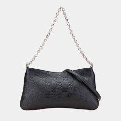 Pre Owned Gucci Black Medium GG Emblem Embossed Leather Shoulder Bag