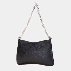 Pre Owned Gucci Black Medium GG Emblem Embossed Leather Shoulder Bag