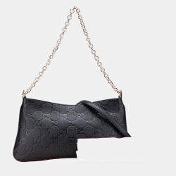 Pre Owned Gucci Black Medium GG Emblem Embossed Leather Shoulder Bag