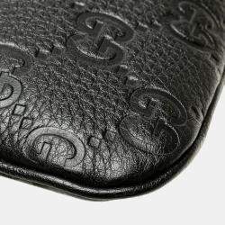 Pre Owned Gucci Black Medium GG Emblem Embossed Leather Shoulder Bag