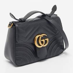 Pre Owned Gucci Black Matelasse Leather Mini GG Marmont Top Handle Bag
