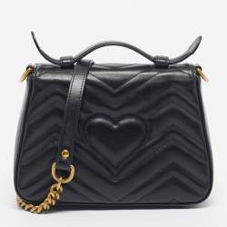 Pre Owned Gucci Black Matelasse Leather Mini GG Marmont Top Handle Bag