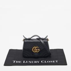 Pre Owned Gucci Black Matelasse Leather Mini GG Marmont Top Handle Bag
