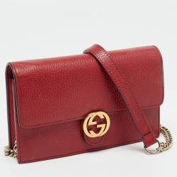 Pre Owned Gucci Red Leather Interlocking G Dollar Chain Wallet