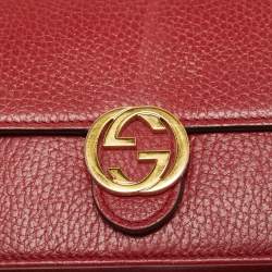 Pre Owned Gucci Red Leather Interlocking G Dollar Chain Wallet