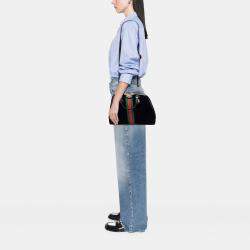 Pre Owned Gucci Black Medium Suede Ophidia Web Dome Satchel