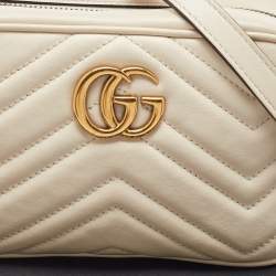 Pre Owned Gucci White Matelassé Leather GG Marmont Mini Camera Bag