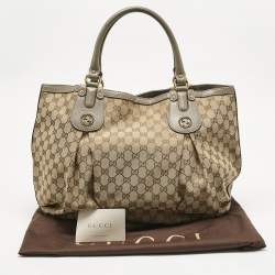 Pre Owned Gucci Grey/Beige GG Canvas and Leather Large Scarlett Stud Tote