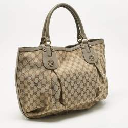 Pre Owned Gucci Grey/Beige GG Canvas and Leather Large Scarlett Stud Tote