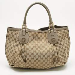Pre Owned Gucci Grey/Beige GG Canvas and Leather Large Scarlett Stud Tote