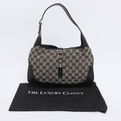 Pre Owned Gucci Black/Beige GG Canvas and Leather Jackie Hobo