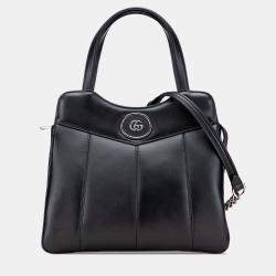 Pre Owned Gucci Black Small Leather Petite GG Tote