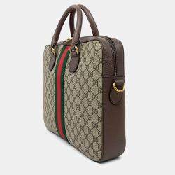 Pre Owned Gucci Beige Brown Canvas and Leather Ophidia Briefcase