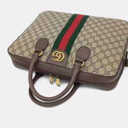 Pre Owned Gucci Beige Brown Canvas and Leather Ophidia Briefcase
