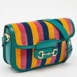 Pre Owned Gucci Multicolor Baiadera Stripe Velvet and Leather Horsebit 1955 Shoulder Bag