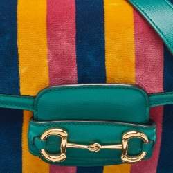 Pre Owned Gucci Multicolor Baiadera Stripe Velvet and Leather Horsebit 1955 Shoulder Bag