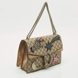 Pre Owned Gucci Beige GG Supreme Canvas and Suede Medium Crystals Embellished Dionysus Shoulder Bag