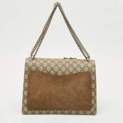 Pre Owned Gucci Beige GG Supreme Canvas and Suede Medium Crystals Embellished Dionysus Shoulder Bag