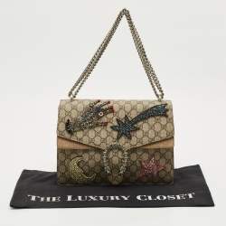 Pre Owned Gucci Beige GG Supreme Canvas and Suede Medium Crystals Embellished Dionysus Shoulder Bag