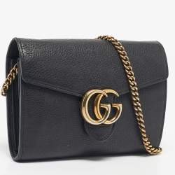 Pre Owned Gucci Black Leather GG Marmont Wallet on Chain