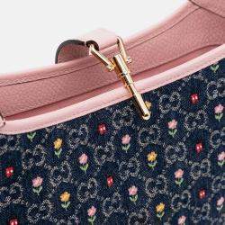 Pre Owned Gucci Blue Pink Limited Edition Small GG Embroidered Denim Floral Jackie 1961 Crossbody