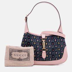 Pre Owned Gucci Blue Pink Limited Edition Small GG Embroidered Denim Floral Jackie 1961 Crossbody