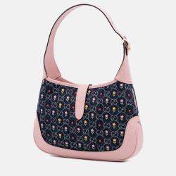 Pre Owned Gucci Blue Pink Limited Edition Small GG Embroidered Denim Floral Jackie 1961 Crossbody