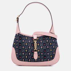 Pre Owned Gucci Blue Pink Limited Edition Small GG Embroidered Denim Floral Jackie 1961 Crossbody