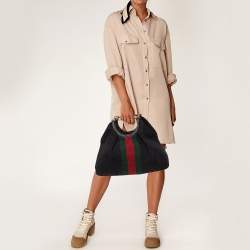 Pre Owned Gucci Black GG Canvas Web Detail Metal Bamboo Hobo