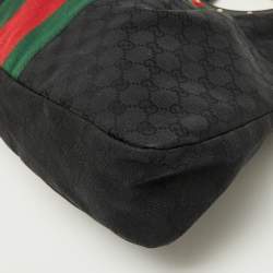 Pre Owned Gucci Black GG Canvas Web Detail Metal Bamboo Hobo