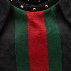 Pre Owned Gucci Black GG Canvas Web Detail Metal Bamboo Hobo