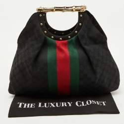 Pre Owned Gucci Black GG Canvas Web Detail Metal Bamboo Hobo